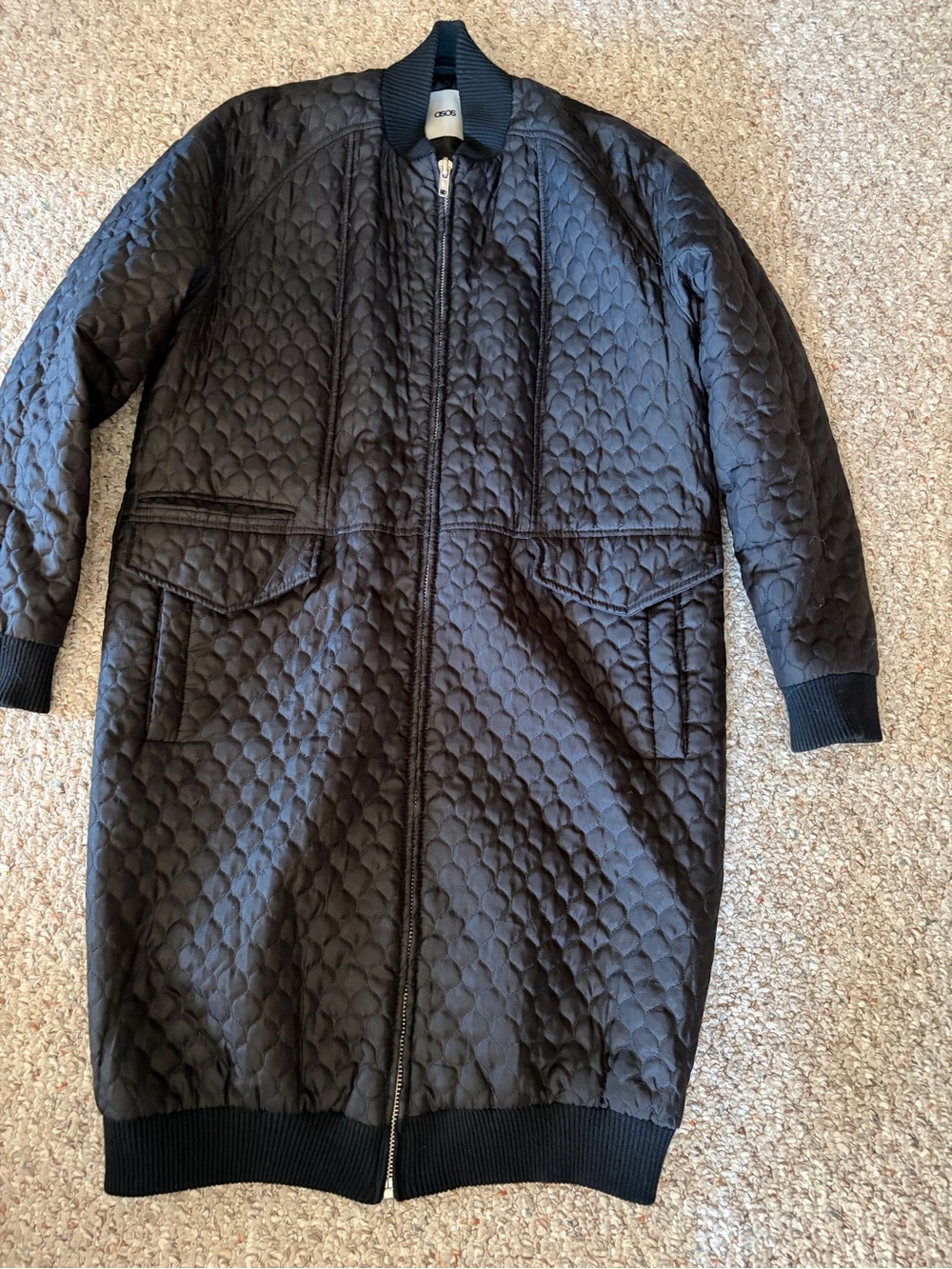 ASOS long black quilted bomber jacket full zip women size 4 small pockets